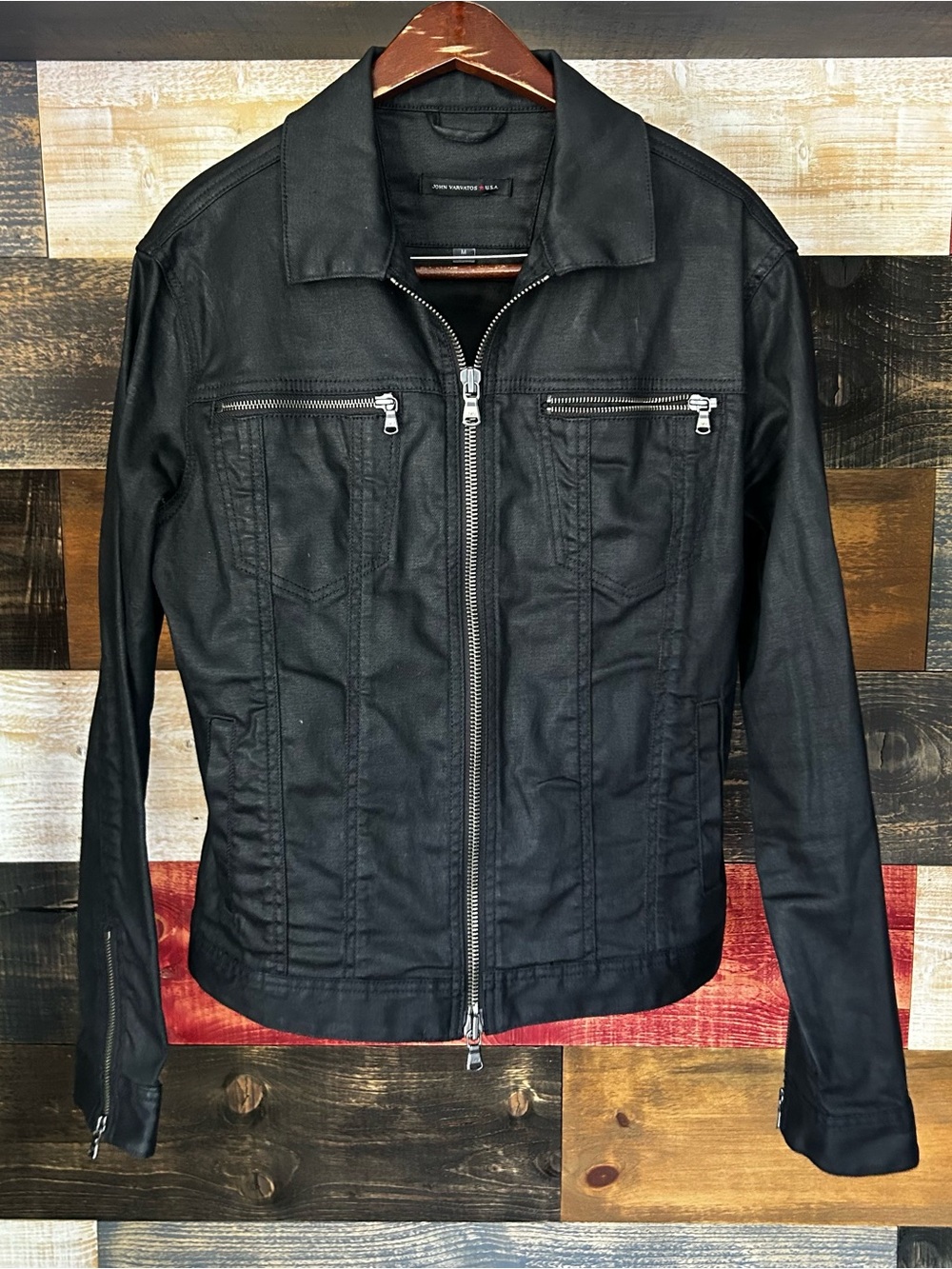 John Varvatos waxed cotton denim biker jacket zip size medium